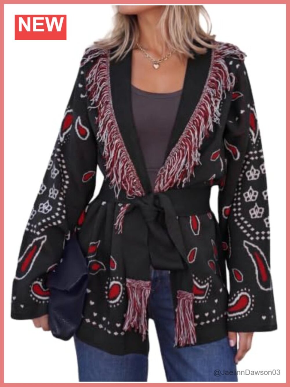 Womens Fringe Cardigan Long Sleeve V Neck Belt Sweater